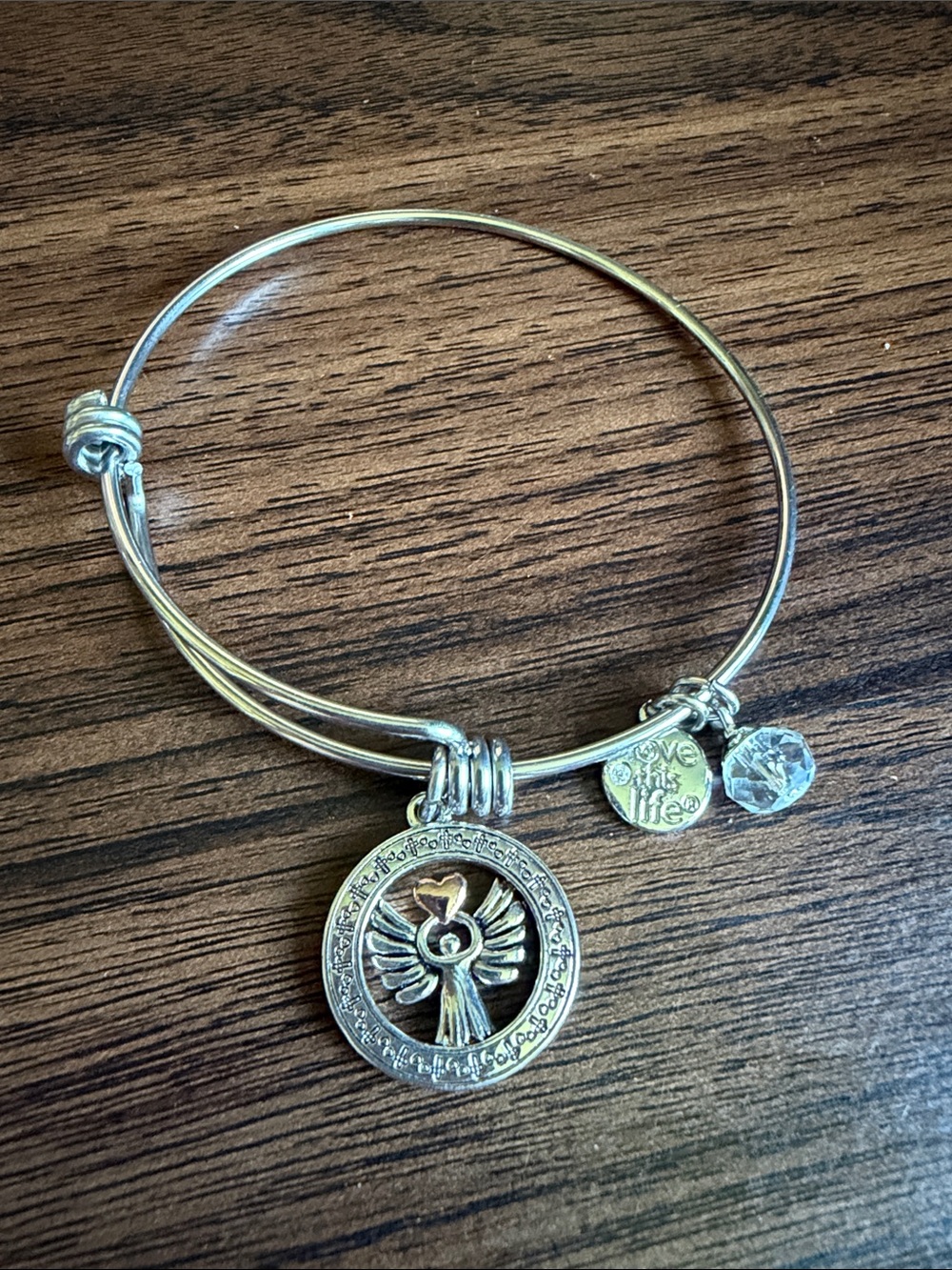 Silver-tone Angel Charm Bangle Bracelet with 'Love This Life' Accent